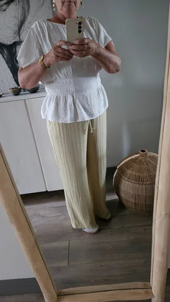 Customer wearing the Elara Linen Pants