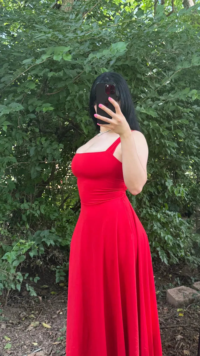 Customer wearing the red dress